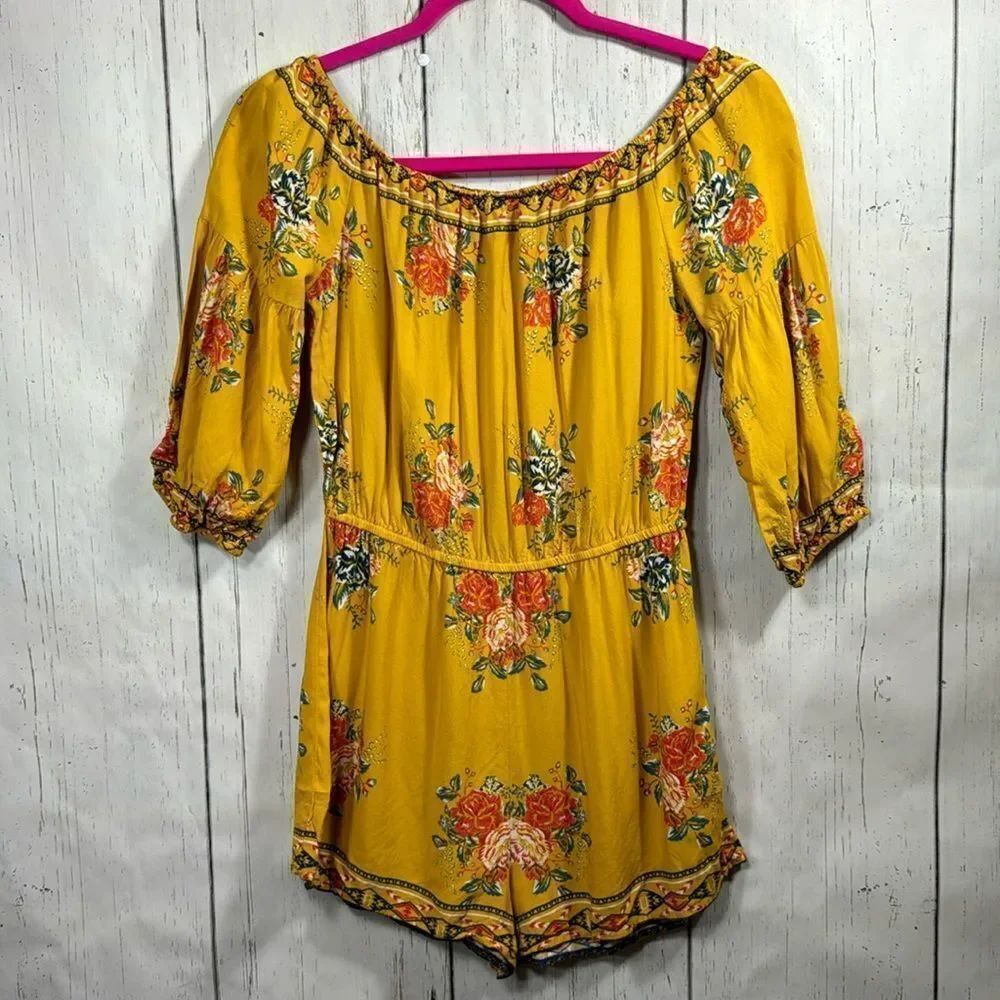 Flying Tomato Mustard Floral Off Shoulder Romper Boho Festival Cottagecore M